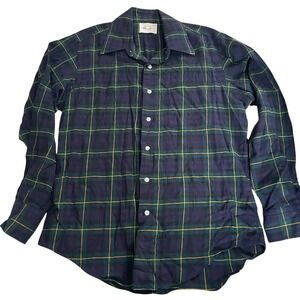Viyella HA&E Smith Bermuda Wool Cotton Plaid Shirt Navy Green Yellow‎ Scotland